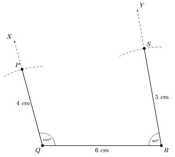 Step 5: Point S is marked on ray RY at a distance of 5 cm from R.
